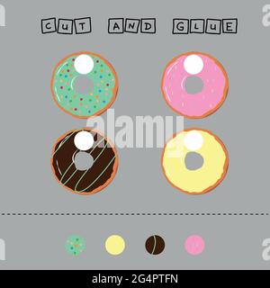 Developing an activity for children, the task is to cut and glue a piece on the colorful donuts. Logic game for children. Stock Vector