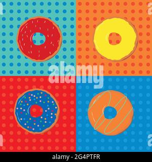 Seamless pattern of cartoon colorful donuts in pop art style , top view. Collection of donuts in glaze for menu design, cafe decoration. Vector illust Stock Vector