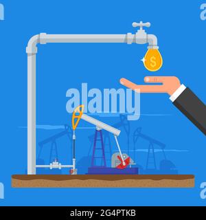 Transform oil to money concept. Get cash from pipe. Fuel pumps. Vector illustration in flat style. Gasoline and gas industry Stock Vector