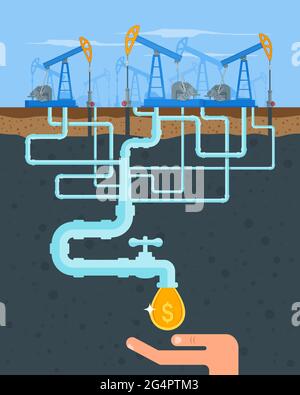 Transform oil to money concept. Get cash from pipe. Fuel pumps. Vector illustration in flat style. Gasoline and gas industry Stock Vector