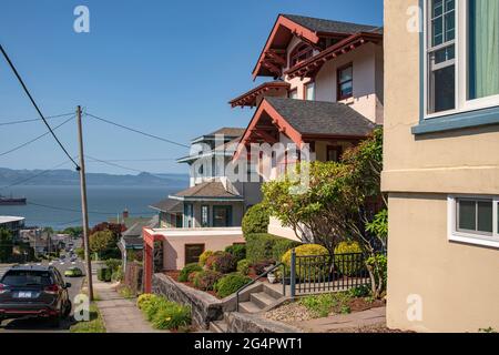 Beautiful homes and plants with a view in Astoria Oregon. Stock Photo