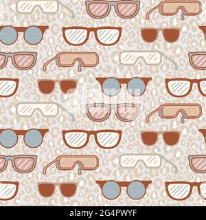 Sunglasses vintage style seamless pattern with cheetah print on background. Stock Vector