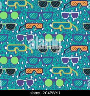 Retro style sunglasses pop art aqua blue and green seamless pattern. Stock Vector