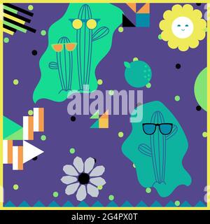 Cacti in sunglasses seamless vector pattern with cute funny cartoon on bright blue background Stock Vector