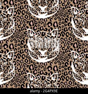 Seamless pattern with cheetah animal print and tiger silhouette. Leopard wild cat brown spots skin print Stock Vector