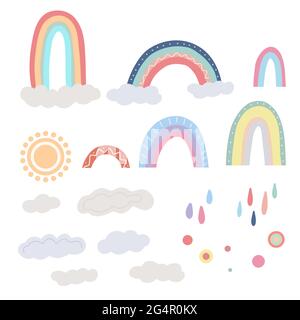 Set of cute childish different rainbows, cloud, sun, colorful drops and dots. Vector natural element. Gentle sky. Multicolored cartoon arcs of natural Stock Vector