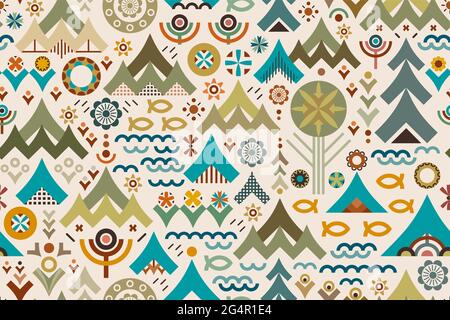 Abstract conceptual design celebrates outdoors adventure, representing plants, flowers, woodland, forest, mountains, trees, camping tents, fish, water Stock Vector