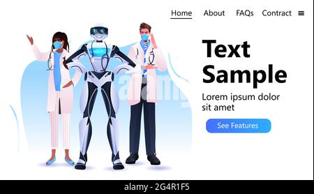 robot with mix race doctors in masks standing together medicine healthcare artificial intelligence concept Stock Vector