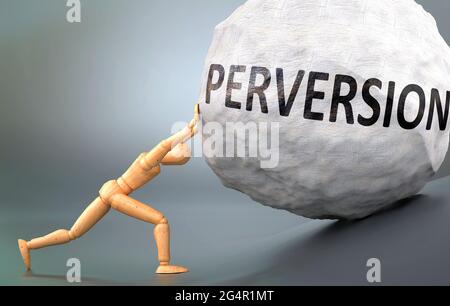 Perversion and painful human condition, pictured as a wooden human figure pushing heavy weight to show how hard it can be to deal with Perversion in h Stock Photo