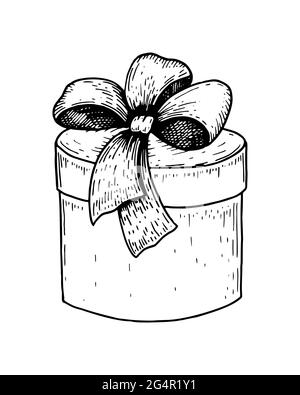 Hand drawn gift box with a bow isolated on white. Vector illustration in sketch style Stock Vector