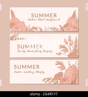 Set of horizontal summer banners with hand drawn modern floristry. Vector illustration in sketch style Stock Vector