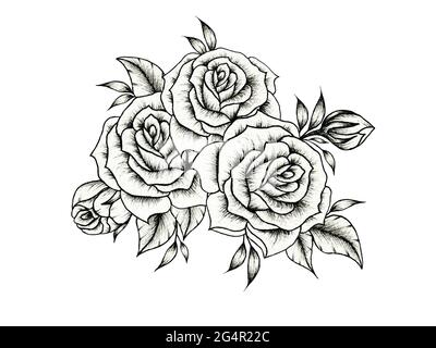 Beautiful black and white rose bouquet, rose floral arrangement isolated on white for weddings, greetings, Valentines or mother's day, vintage black Stock Photo