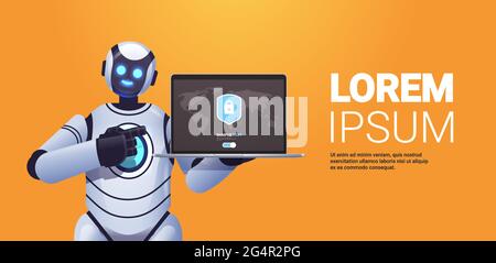 robot cyborg holding laptop with protection shield cyber security data protection artificial intelligence technology Stock Vector