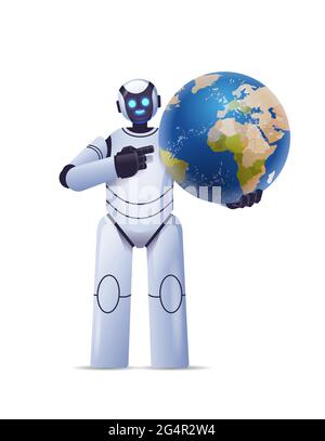 robot cyborg holding planet earth globe modern robotic character artificial intelligence technology concept Stock Vector