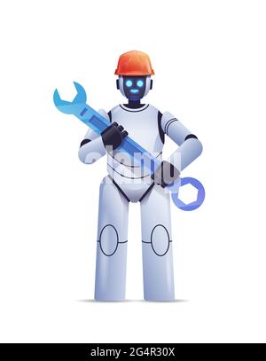 modern robot in helmet holding wrench repair service artificial intelligence concept Stock Vector