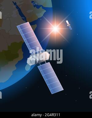 space exploration astronautics technology concept observation satellite flying orbital spaceflight around earth Stock Vector