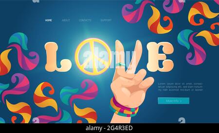 Love cartoon landing page with hippie hand show peace gesture on colorful ornate psychedelic background. Rock-n-roll hippy festival booking tickets service, musical concert, festival Vector web banner Stock Vector