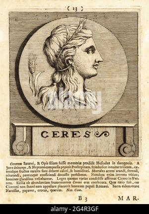 Ceres, Roman goddess of agriculture, grain crops, fertility and motherly relationships. Depicted with an ear of wheat in her hair. Copperplate engraving by Pieter Bodart (1676-1712) from Henricus Spoor’s Deorum et Heroum, Virorum et Mulierum Illustrium Imagines Antiquae Illustatae, Gods and Heroes, Men and Women, Illustrated with Antique Images, Petrum, Amsterdam, 1715. First published as Favissæ utriusque antiquitatis tam Romanæ quam Græcæ in 1707. Henricus Spoor was a Dutch physician, classical scholar, poet and writer, fl. 1694-1716. Stock Photo