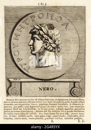 Nero Claudius Caesar Augustus Germanicus, 37 – 68 AD. Originally named Lucius Domitius Ahenobarbus, fifth emperor of Rome, the last in the Julio-Claudian dynasty. Emperor Nero. Copperplate engraving by Pieter Bodart (1676-1712) from Henricus Spoor’s Deorum et Heroum, Virorum et Mulierum Illustrium Imagines Antiquae Illustatae, Gods and Heroes, Men and Women, Illustrated with Antique Images, Petrum, Amsterdam, 1715. First published as Favissæ utriusque antiquitatis tam Romanæ quam Græcæ in 1707. Henricus Spoor was a Dutch physician, classical scholar, poet and writer, fl. 1694-1716. Stock Photo