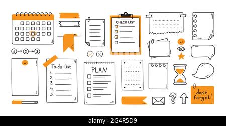 Hand drawn memo paper sheets, sticky note, reminder, to do list, calendar. Bullet journal elements in doodle style. Vector illustration in white Stock Vector