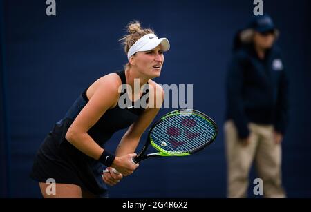 Eastbourne, England, June 22, 2021 Marketa Vondrousova of the Czech Republic in action against Ons Jabeur of Tunisia during the first round at the 2021 Viking International WTA 500 tennis tournament on June 22, 2021 at Devonshire Park Tennis in Eastbourne, England - Photo Rob Prange / Spain DPPI / DPPI / LiveMedia Stock Photo