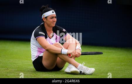 Eastbourne, England, June 22, 2021 Ons Jabeur of Tunisia in action against Marketa Vondrousova of the Czech Republic during the first round at the 2021 Viking International WTA 500 tennis tournament on June 22, 2021 at Devonshire Park Tennis in Eastbourne, England - Photo Rob Prange / Spain DPPI / DPPI / LiveMedia Stock Photo