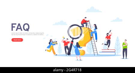 Q and A or FAQ concept with tiny people characters, big question mark, frequently asked questions template. Answers business support concept flat styl Stock Vector