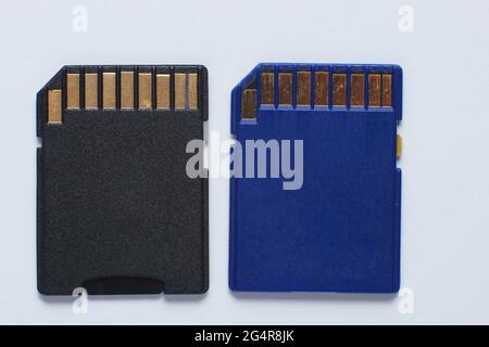 Two Mini SD memory cards on white background close up Stock Photo