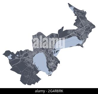 Tunis map. Detailed vector map of Tunis city administrative area. Cityscape poster metropolitan aria view. Dark land with white streets, roads and ave Stock Vector