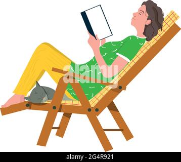 Happy woman reading a book sitting with cat - vector illustration isolated on white background Stock Vector