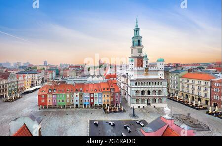 Poznan, Poland. Aerial view of Rynek (Market) square with small colorful houses and old Town Hall Stock Photo