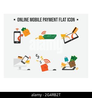 Vector icon easy online mobile payment. Online payment concept flat icons set of touch screen phone mobile payment checkout gateway bank transfer vect Stock Vector