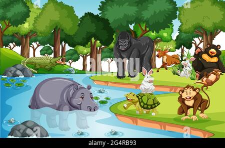 Many different animals in the forest scene illustration Stock Vector