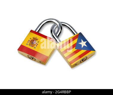 Interlocking padlocks with flag of Spain and with flag of Catalonia isolated on white background. Conceptual image of the independence conflict. Spani Stock Photo