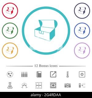 Empty open coffer flat color icons in circle shape outlines. 12 bonus icons included. Stock Vector