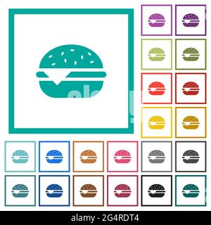 Single cheeseburger flat color icons with quadrant frames on white background Stock Vector