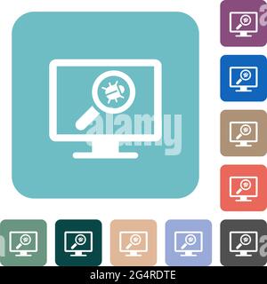 Virus scanning on computer white flat icons on color rounded square backgrounds Stock Vector