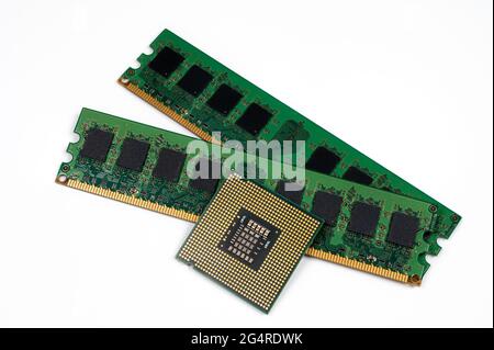 CPU and RAM isolated on a white background. CPU and RAM for a laptop. Stock Photo