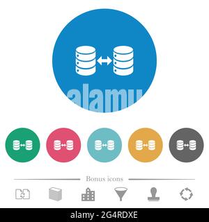 Syncronize databases flat white icons on round color backgrounds. 6 bonus icons included. Stock Vector