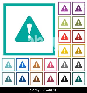 Triangle shaped warning sign flat color icons with quadrant frames on white background Stock Vector