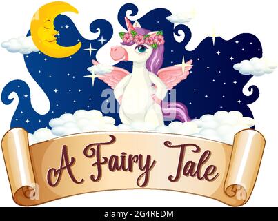 A Fairy Tale font with unicorn cartoon character standing on a cloud illustration Stock Vector