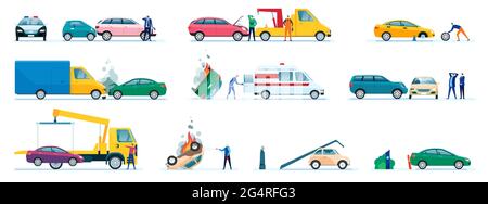 Car crash and damaged vehicles, road accident collision Stock Vector ...