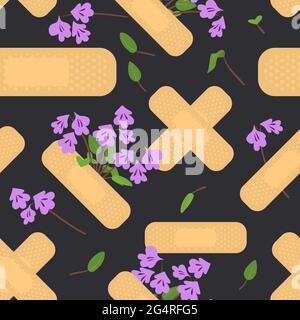 Seamless pattern with sticking plasters and purple flowers. Medical patch repeat texture. Stock Vector