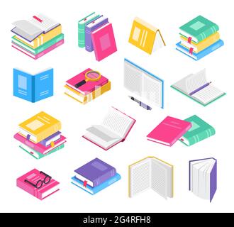 Isometric 3d books. Open and closed school textbooks with bookmarks, book stacks. Academic literature, education, reading elements vector set. Colorful covers with pen, magnifying glass Stock Vector