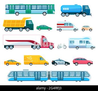 Urban transports. Bus taxi police car, passenger van, truck and train. Flat transportation, public vehicle, city transport vector set. Municipal and commercial isolated transport Stock Vector