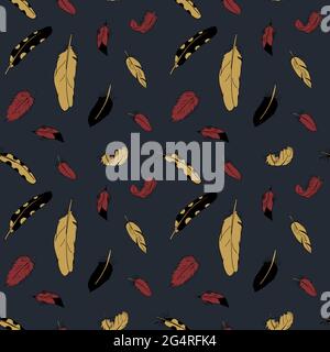 Seamless pattern with hand drawn doodle boho feathers. Bohemian texture. Stock Vector