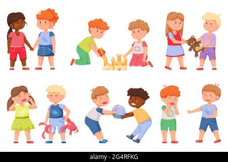 Kids good and bad behavior. Friends sharing toys, playing together, holding hands. Angry children fighting, bullying friend cartoon vector set. Smiling boys and girls, aggressive relationships Stock Vector