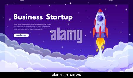 Business startup launch. Starting new project concept with rocket launching in sky. Cartoon successful product release vector landing page. Futuristic spacecraft in cosmos website design Stock Vector