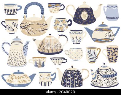 Ceramic teapot and cup. Porcelain tea kettles, coffee mugs with decorative elements. Hand drawn ornamented teapots and cups vector set. Floral kitchenware or dishware with decorative elements Stock Vector