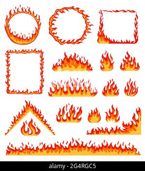 Cartoon fire frame. Red hot burning circle and rectangular frames. Horizontal flame border, campfire, blazing fire line effect vector set. Geometric flammable shapes as circle triangle Stock Vector